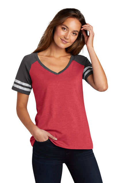 RMR & JWR LADIES Heathered True Royal / Heathered Charcoal Game V-Neck Tee