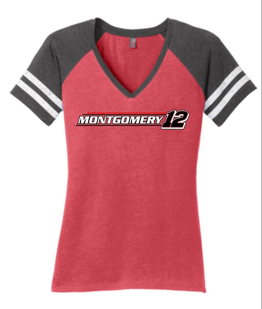 RMR & JWR LADIES Heathered Red/ heathered Charcoal Game V-Neck Tee